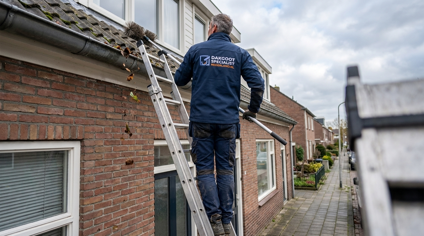 Monteur van Dakgoot Specialist Nederland reinigt dakgoot handmatig vanaf ladder